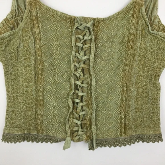 Vintage Green Embroidered Cropped Corset Renaissance Tank Top Forest Fairy - Picture 5 of 13